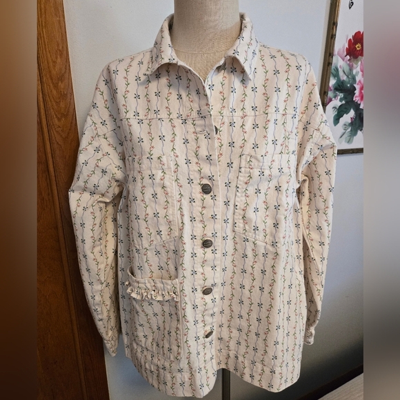 DAMSON MADDER FREE PEOPLE GOODNATURE ECRU FLORAL DENIM JACKET. SIZE 14. - Picture 2 of 11